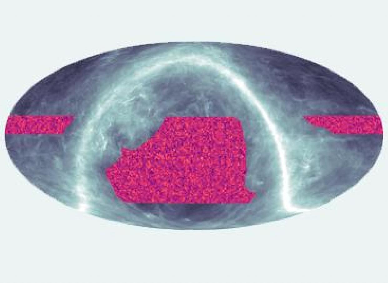  A new map of the sky, made with observations from the Atacama Cosmology Telescope, showing dark matter. The orange regions show where there is more mass; magenta where there is less. Typical features are hundreds of millions of light-years across. 