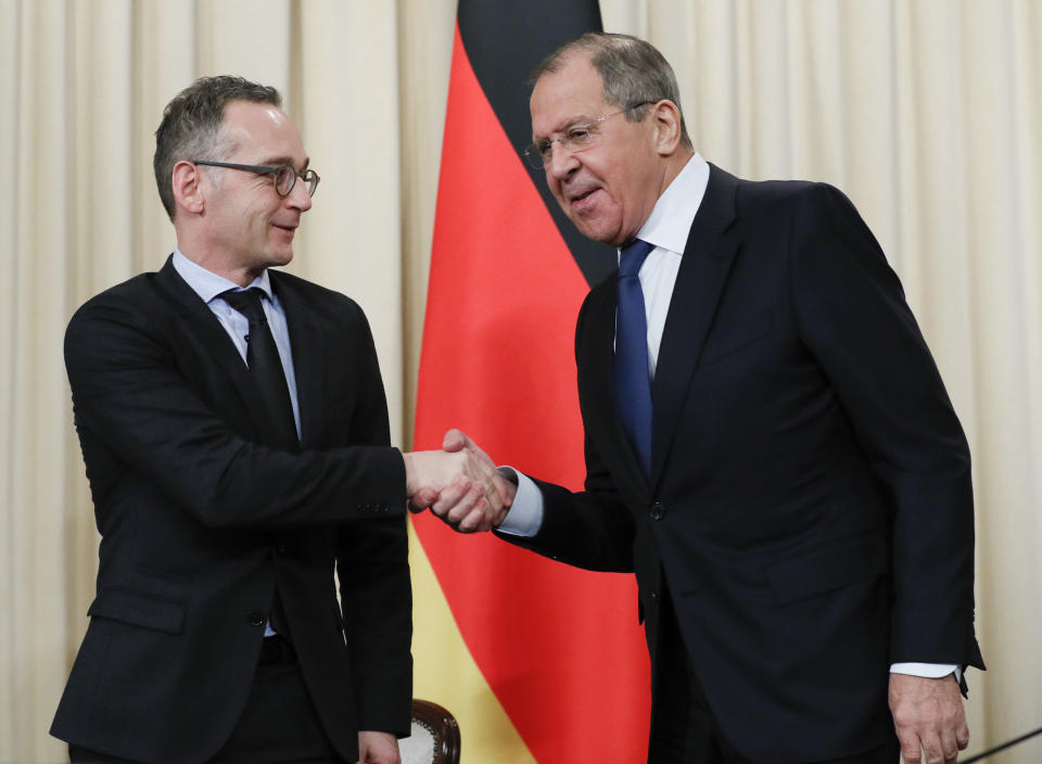 Russian Foreign Minister Sergey Lavrov, right, and Germany's Foreign Minister Heiko Maas shake hands after their talks in Moscow, Russia, Friday, Jan. 18, 2019. Germany's foreign minister has urged Russia to save a key arms treaty with the U.S. to prevent a new arms race. (AP Photo)