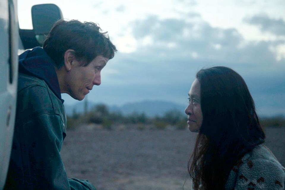 Frances McDormand, left, and Chloé Zhao on the set of "Nomadland."