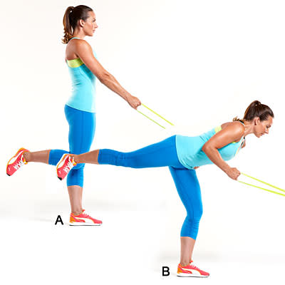 <div class="caption-credit"> Photo by: Health.com</div><div class="caption-title">Single leg hinge</div><i>triceps, glutes, quads</i> <br> <br> Knot band around doorknob. Holding band in right hand, step back; bend right knee to 90 degrees. Balance on left foot, hinge forward, and extend right leg back. Pull band to body. <br> <br> Return to start. Do 8 reps per side. <br> <br> More from Health.com: <br> <a rel="nofollow noopener" href="http://www.health.com/health/gallery/0,,20395219,00.html" target="_blank" data-ylk="slk:20 Ways to Torch 200 Calories;elm:context_link;itc:0;sec:content-canvas" class="link ">20 Ways to Torch 200 Calories</a> <br> <a rel="nofollow noopener" href="http://www.health.com/health/gallery/0,,20448745,00.html" target="_blank" data-ylk="slk:Fastest Fat Burners Ever!;elm:context_link;itc:0;sec:content-canvas" class="link ">Fastest Fat Burners Ever!</a> <br> <a rel="nofollow noopener" href="http://www.health.com/health/gallery/0,,20464867,00.html" target="_blank" data-ylk="slk:10 Best Workouts for Your Sex Life;elm:context_link;itc:0;sec:content-canvas" class="link ">10 Best Workouts for Your Sex Life</a> <br> <a rel="nofollow noopener" href="http://www.health.com/health/gallery/0,,20306911,00.html" target="_blank" data-ylk="slk:The Best New Ways to Boost Your Metabolism;elm:context_link;itc:0;sec:content-canvas" class="link ">The Best New Ways to Boost Your Metabolism</a> <br> <a rel="nofollow noopener" href="http://www.health.com/health/gallery/0,,20531849,00.html" target="_blank" data-ylk="slk:10 Fun Ways to Get Fit Without a Gym;elm:context_link;itc:0;sec:content-canvas" class="link ">10 Fun Ways to Get Fit Without a Gym</a>