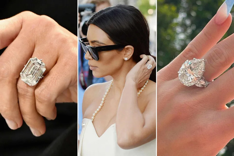 <p>Slaven Vlasic/Getty ; Broadimage/Shutterstock ; Khloe Kardashian Instagram</p> Kim Kardashian-West wedding ring detail. ; Kim Kardashian on May 10, 2014. ; Khloe Kardashian ring detail.