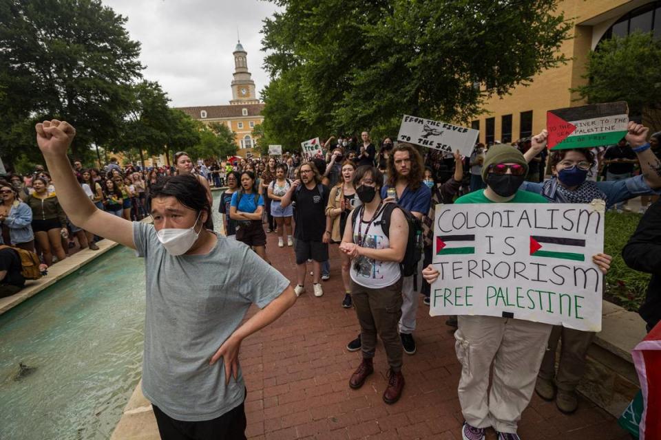 University of North Texas students gather for the Campus Wide Walkout for Gaza at the campus Library mall on Tuesday, April 30, 2024.
