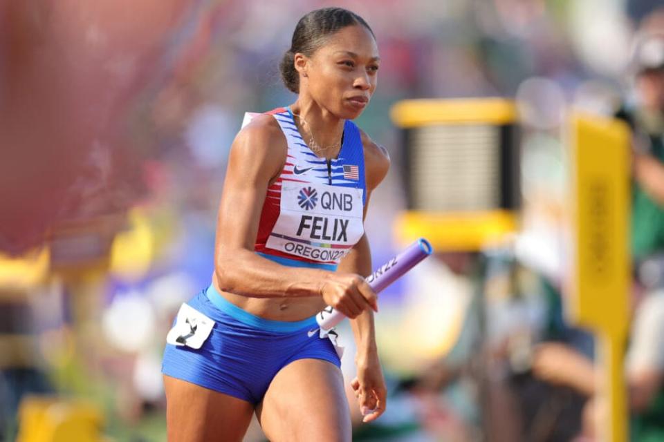 Allyson Felix of Team United States competes in the Women’s 4x400m Relay heats on day nine of the World Athletics Championships Oregon22 at Hayward Field on July 23, 2022 in Eugene, Oregon. (Photo by Carmen Mandato/Getty Images)