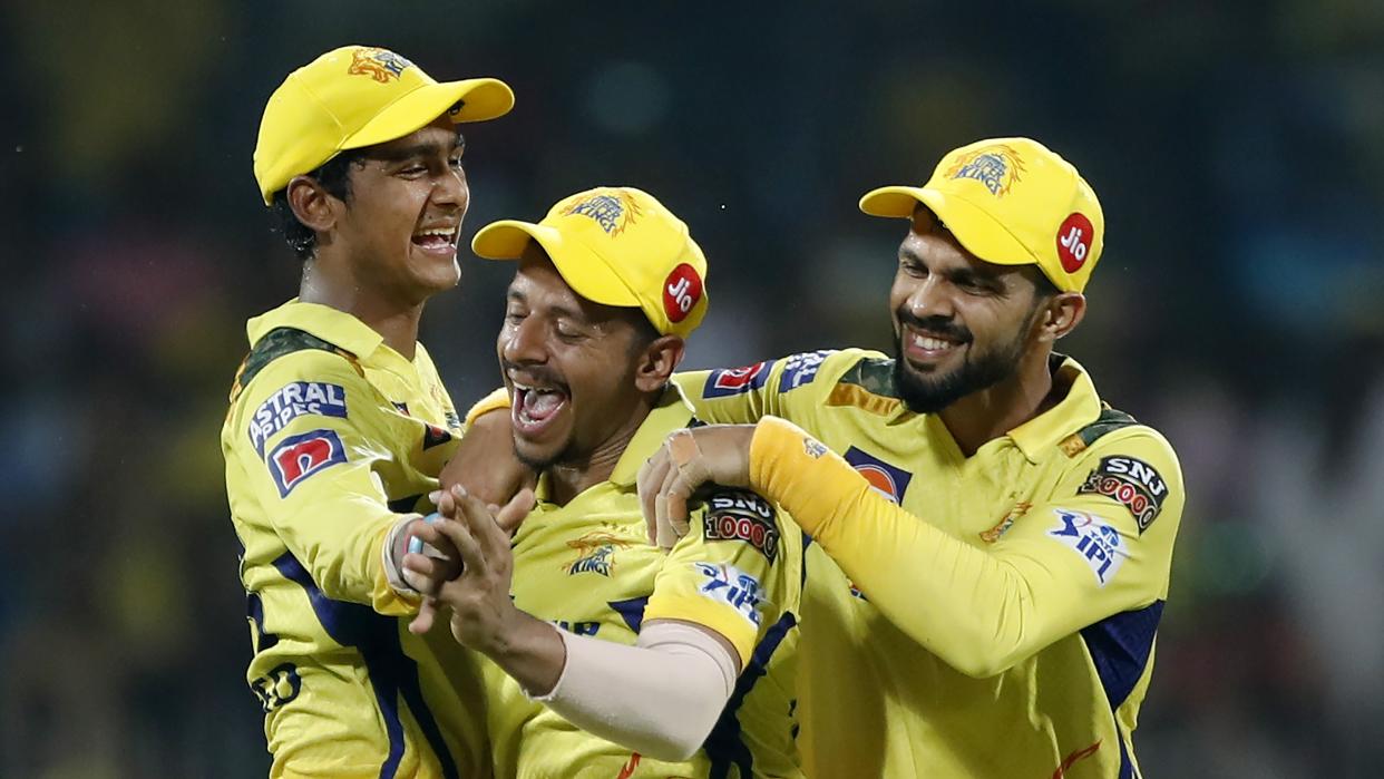  Players of Chennai Super Kings celebrate after Darshan Nalkande of Gujarat Titans (not pictured) is run out during the IPL Qualifier match between Gujarat Titans and Chennai Super Kings 