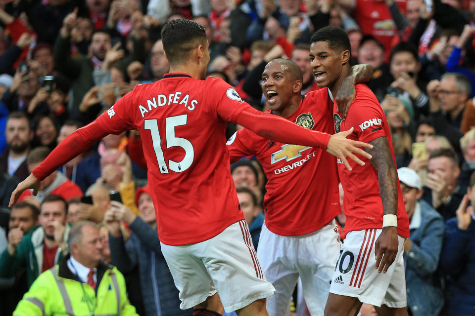 Marcus Rashford (right) scored Manchester United's goal against Liverpool Sunday at Old Trafford. (John Peters/Getty)