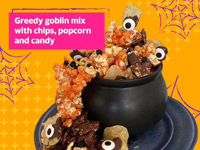 Greedy goblin mix with chips, popcorn and candy