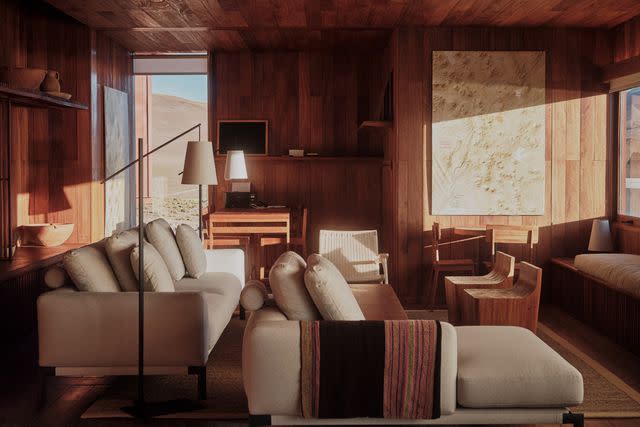 <p>Nick Ballón</p> The lounge at Ramaditas Mountain Lodge, in Bolivia.