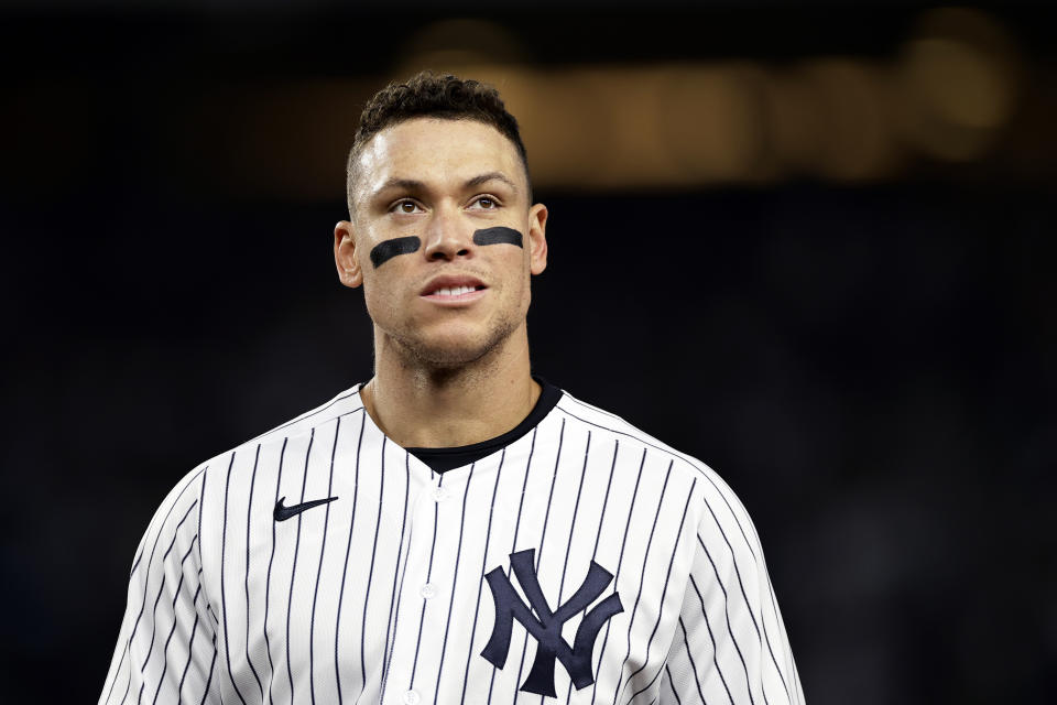 New York Yankees' Aaron Judge pauses during the seventh inning of the team's baseball game against the Baltimore Orioles on Friday, Sept. 30, 2022, in New York. (AP Photo/Adam Hunger)