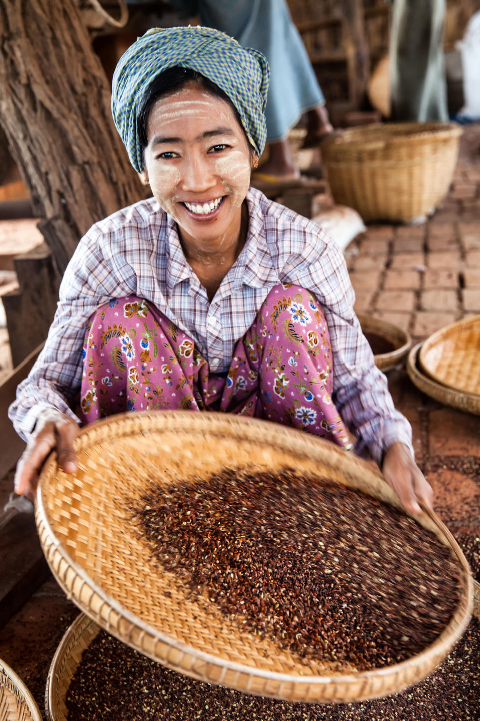 This December 2012 photo shows a woman sifting plum seeds used in the manufacture of herbal heart medicine, in Phwarsaw Village in Bagan, Myanmar. It’s common for women to chalk their faces with thanaka, a paste made from tree bark, as makeup and sunscreen. (AP Photo/Richard Camp)