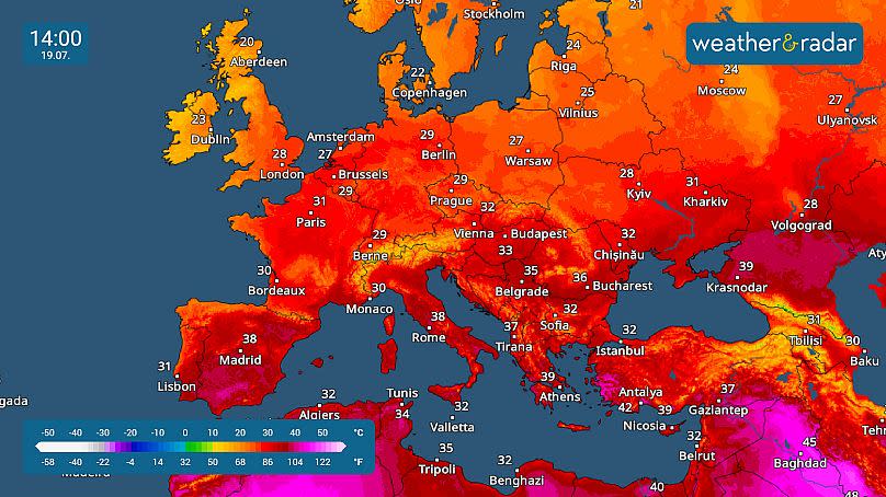 Previsión del radar de temperatura de Weather&Radar del viernes 18 de julio.