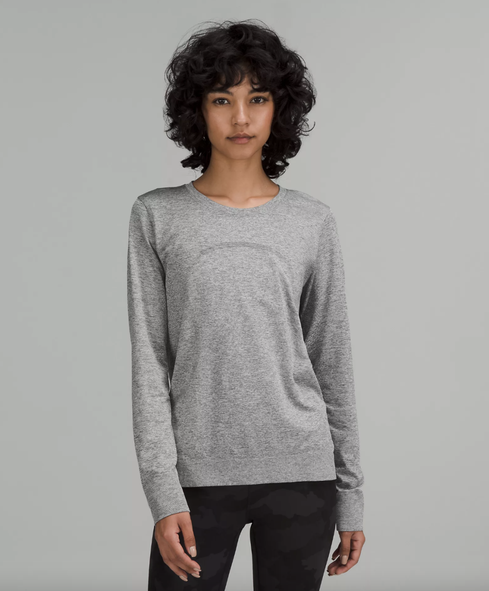 Swiftly Relaxed-Fit Long Sleeve Shirt in slate/white (Photo via Lululemon)