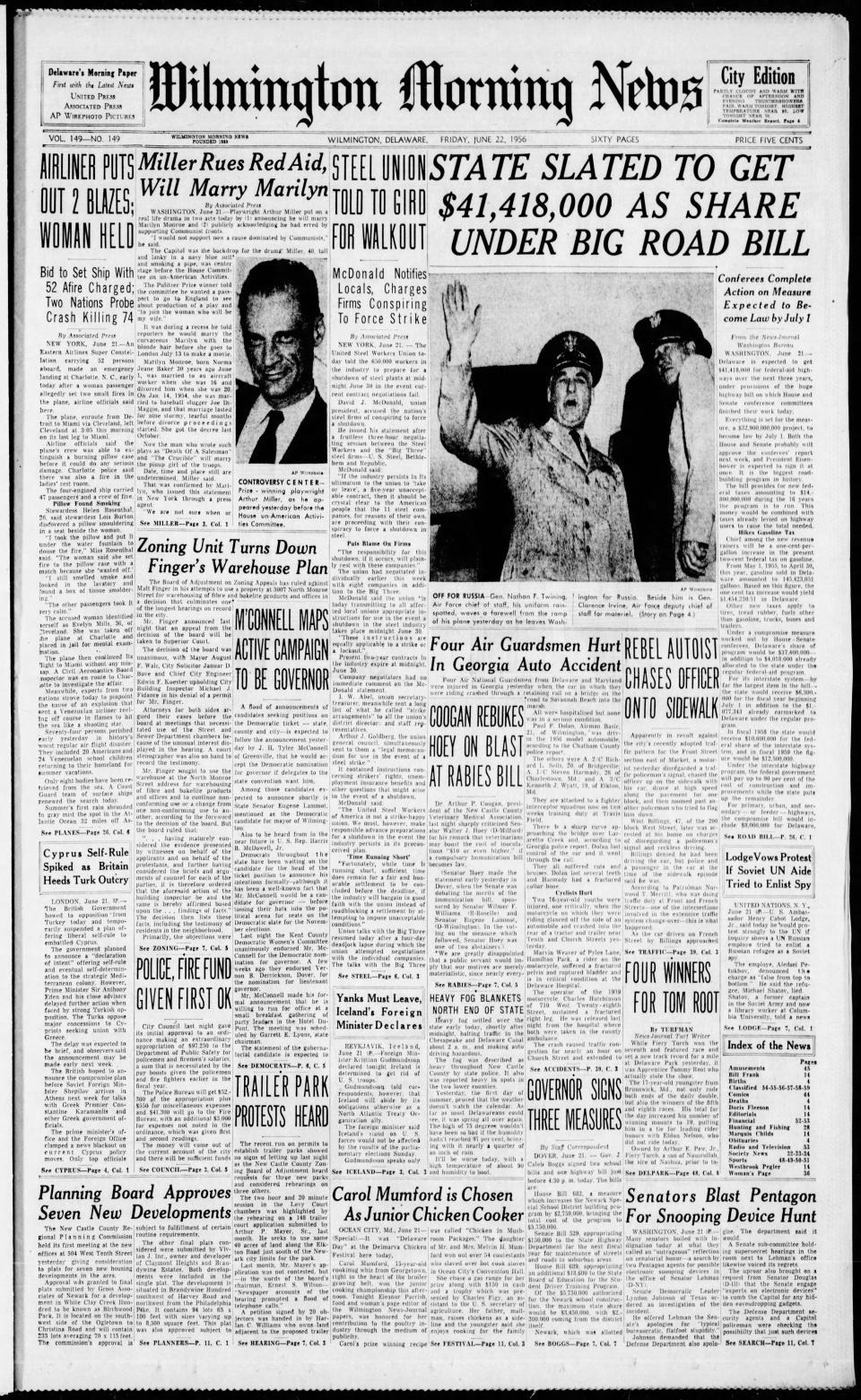 Front page of the Wilmington Morning News from June 22, 1956.