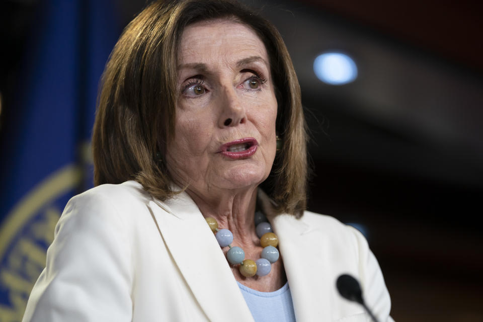 Speaker of the House Nancy Pelosi, D-Calif., holds a news conference on Capitol Hill in Washington, Wednesday, July 17, 2019. (AP Photo/J. Scott Applewhite)