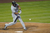 Chicago White Sox's Jose Abreu (79) hits a grand slam during the third inning of an MLB baseball game against the Los Angeles Angels Friday, April 2, 2021, in Anaheim, Calif. Yermin Mercedes, Tim Anderson, and Luis Robert also scored. (AP Photo/Ashley Landis)