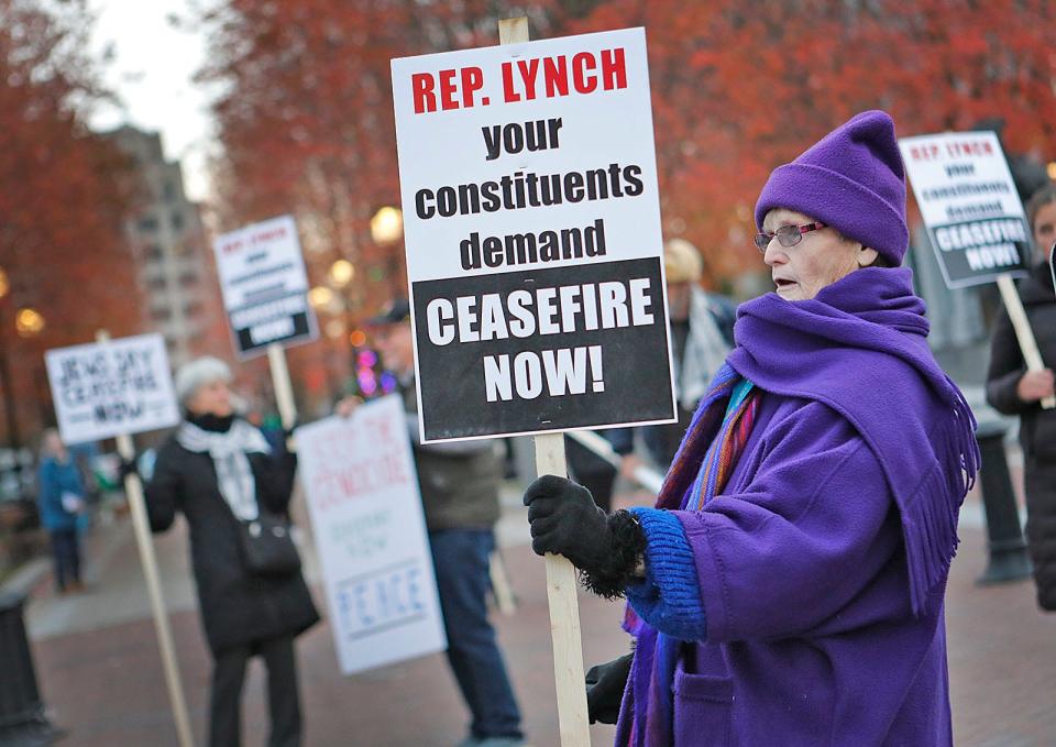 Bonnie Gorman, of Houghs Neck in Quincy, is a U.S. Navy veteran and a member of Veterans for Peace. A group of protesters gathered in Quincy Center in support of a ceasefire in Gaza on Wednesday Nov. 15, 2023.