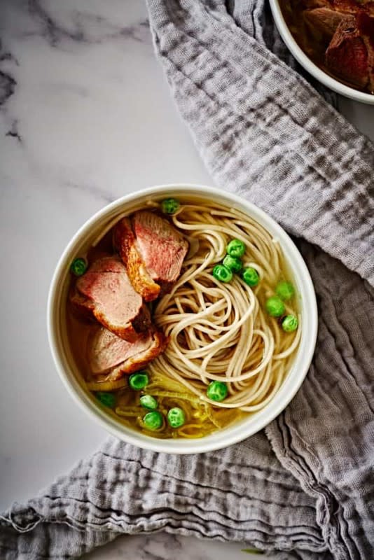 <p>Proportional Plate</p><p>These duck and leek soba noodles with peas and bone broth are perfect for those cool rainy spring days. They’re nourishing and comforting, and use some of the first produce of the season.</p><p><strong>Get the Recipe: </strong><a href="https://www.proportionalplate.com/duck-leek-soba-noodles-with-peas-bone-broth/" rel="nofollow noopener" target="_blank" data-ylk="slk:Duck Soba with Leeks and Peas in Bone Broth;elm:context_link;itc:0;sec:content-canvas" class="link "><strong>Duck Soba with Leeks and Peas in Bone Broth</strong></a></p>