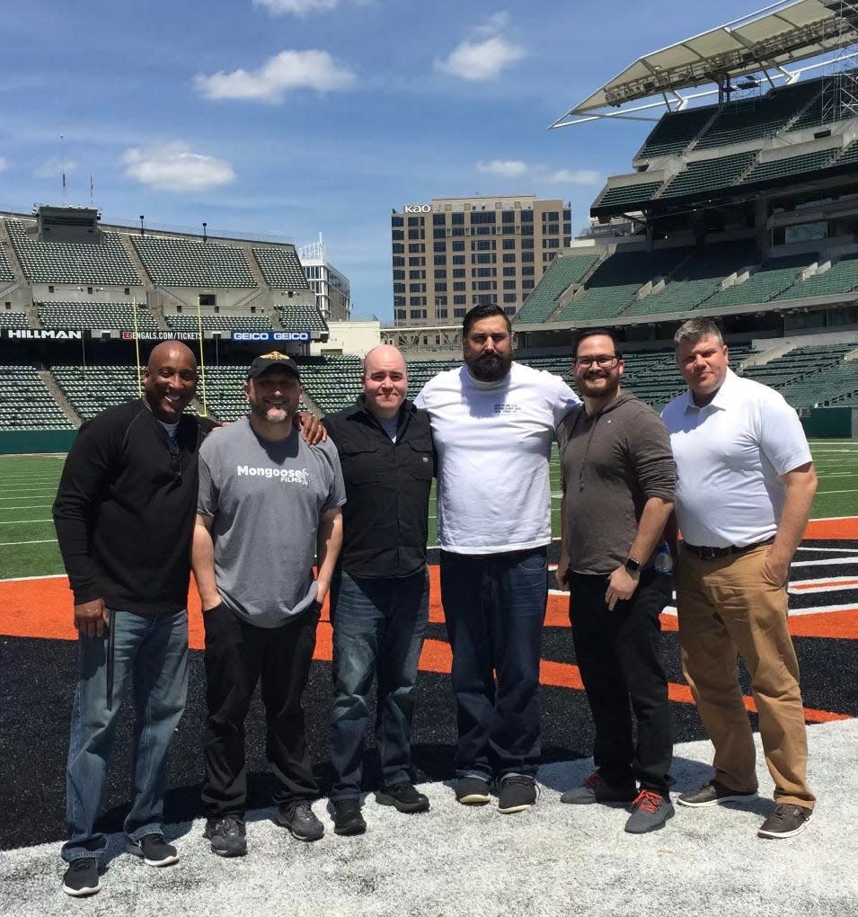 From left are David Lee Morgan Jr, John Bujak, Shaun Horrigan, James Waters, Luke DeJeu and Eric Loughry. The group worked on "Lines Broken: The Story of Marion Motley," a documentary shown on PBS Western Reserve.