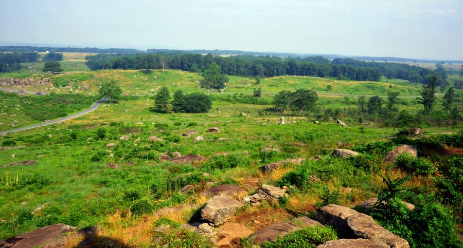 A view afforded to Union units atop Little Round Top on July 3, 2011, at the Gettysburg National Military Park in Pennsylvania. The Confederate troops would have been directly across at the bottom of the hill. The three-day Battle of Gettysburg was a turning point in the US Civil War, the Union victory that ended General Robert E. Lee’s second and most ambitious invasion of the North in 1863. Often referred to as the “High Water Mark of the Rebellion”, it was the war’s bloodiest battle with 51,000 casualties and the setting for President Abraham Lincoln’s Gettysburg Address. This year marks the 150th anniversary of the start of the Civil War. AFP PHOTO/ Karen BLEIER (Photo credit should read KAREN BLEIER/AFP via Getty Images)