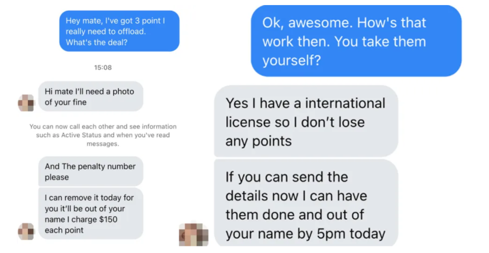 A text message exchange of someone hoping to be paid to take on demerit points. 