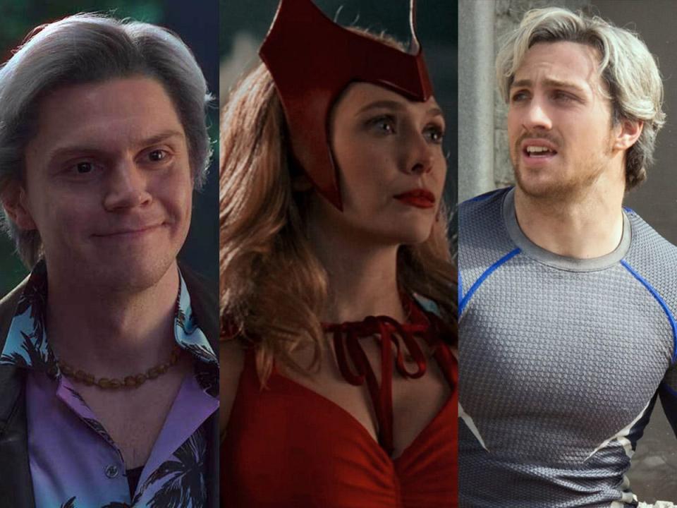 Evan Peters as Quicksilver, Elizabeth Olsen as Scarlet Witch, Aaron Taylor-Johnson as Quicksilver.