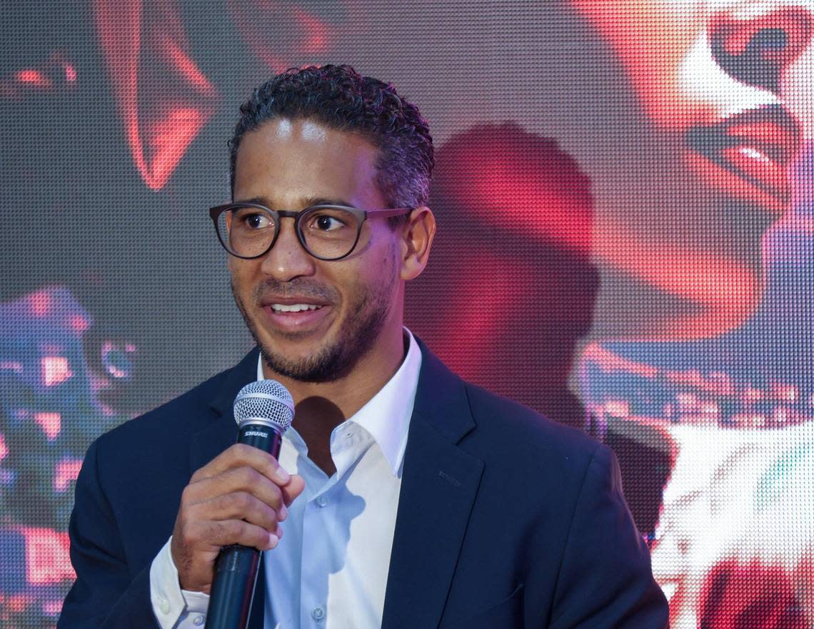 Sunrise Airways Special Project Manager Jonathan Bayard speaks during the Sunrise Airways press conference on Wednesday, October 4, 2023 at the Little Haiti Cultural Center Complex in Miami.