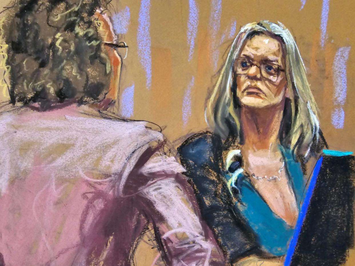 A court sketch showing Donald Trump attorney Susan Necheles cross-examining witness Stormy Daniels.
