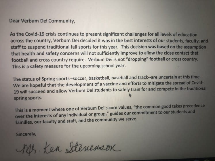 Letter from Verbum Dei athletic director informing community that fall sports has been suspended because of COVID-19.