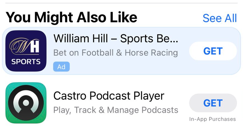 A an for sports betting app, seen on the page for the Overcast podcast app.