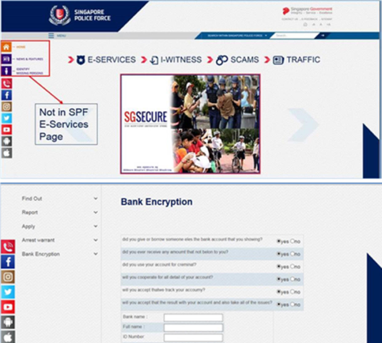 A fake SPF website used for phishing information. Source: Singapore Police Force