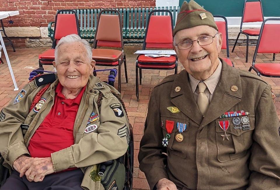 Sgt. Guy Whidden, left, and Cpl. Wilbur J. "Jack" Myers,, both World War II veterans and the keynote speakers at the 2022 Memorial Day celebration in Sharpsburg.