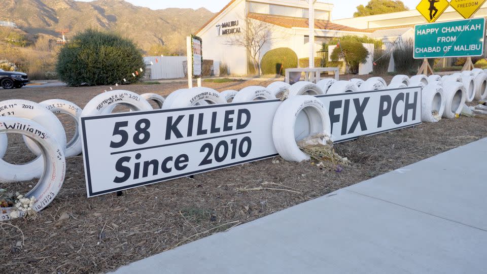 A memorial on the Pacific Coast Highway includes white tires to mark the 58 people killed in Malibu on the iconic road since 2010. - CNN