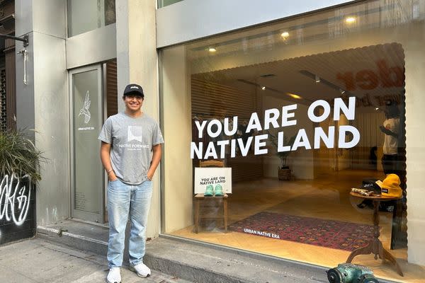  Urban Native Era’s founder and designer, Joey Montoya, outside of Urban Native Era's NYC Pop Up Shop. (photo by Jenna Kunze)