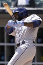 Tampa Bay Rays' Randy Arozarena hits a single during the first inning of a baseball game against the Chicago White Sox in Chicago, Sunday, April 17, 2022. (AP Photo/Nam Y. Huh)