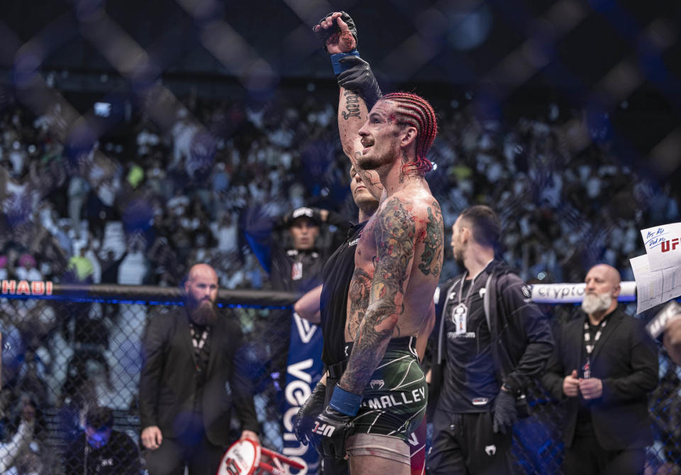 Oct 22, 2022; Abu Dhabi, UAE; Sean O’Malley (blue gloves) defeats Petr Yan (red gloveS) during UFC 280 at Etihad Arena. Mandatory Credit: Craig Kidwell-USA TODAY Sports