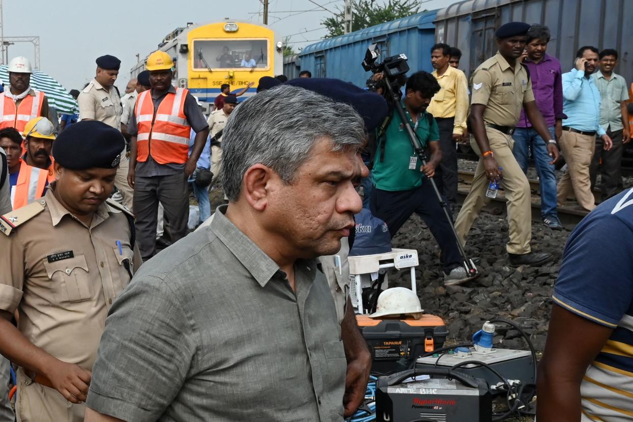 India’s Railways Minister Ashwini Vaishnaw arrives at the accident site of a three-train collision near Balasore (AFP via Getty Images)