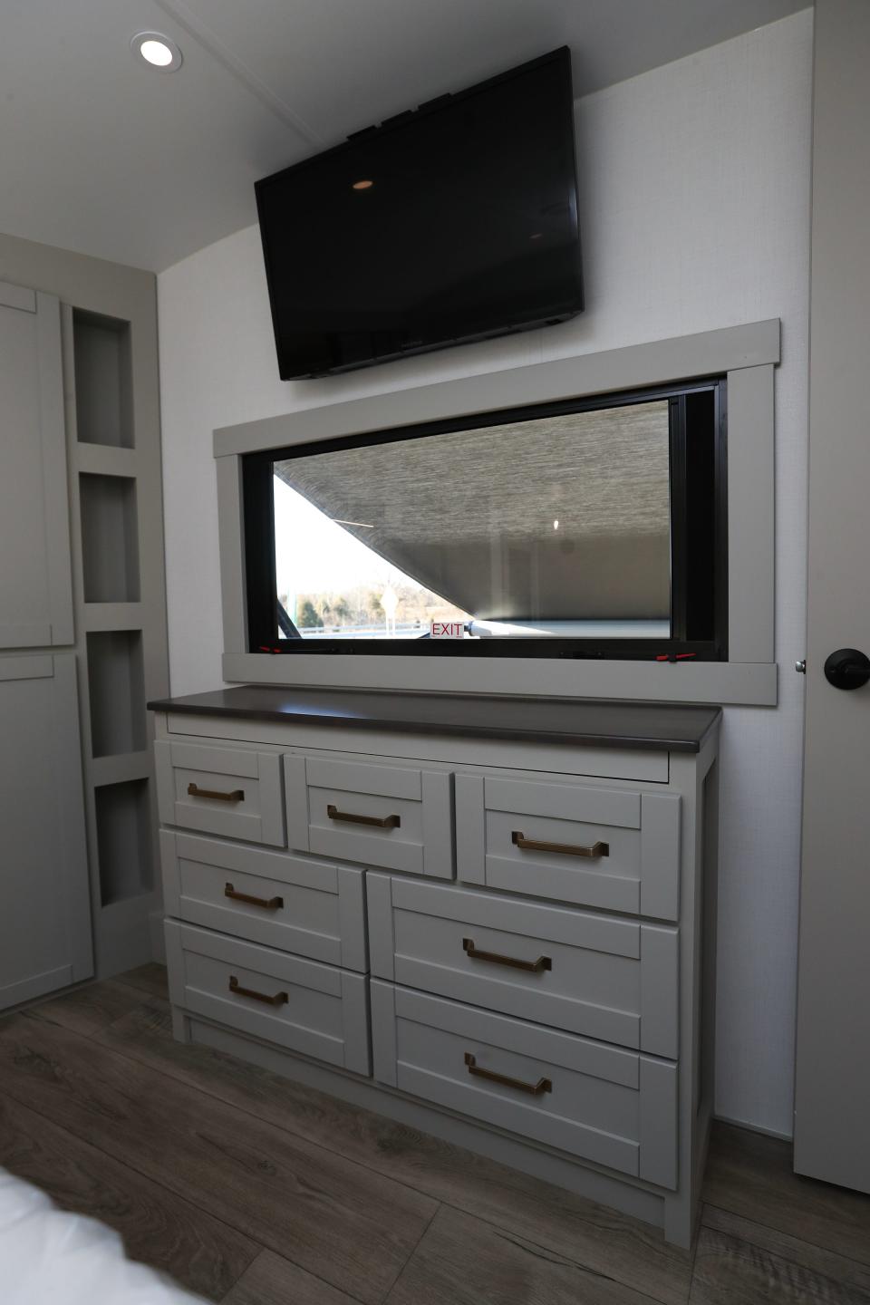 Dresser and tv in bedroom inside the Z3100 Fifth Wheel RV camper at Brinkley RV in Memphis, In.. on Dec. 11, 2023.