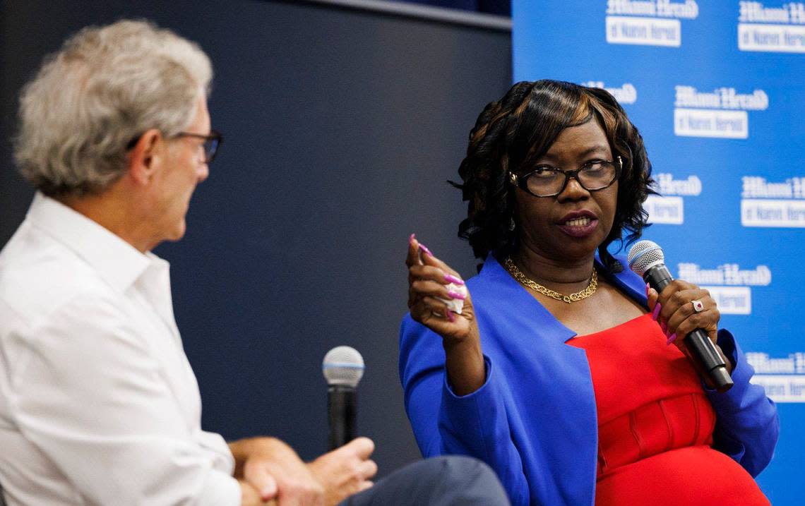 Jacqueline Charles, Haiti/Caribbean Correspondent for the Miami Herald, right, speaks to the community during an interview with Jay Weaver, Miami Herald editor, about Haiti’s past and future during An Evening with Jacqueline Charles on May 30, 2024, at African Heritage Cultural Arts in Miami.