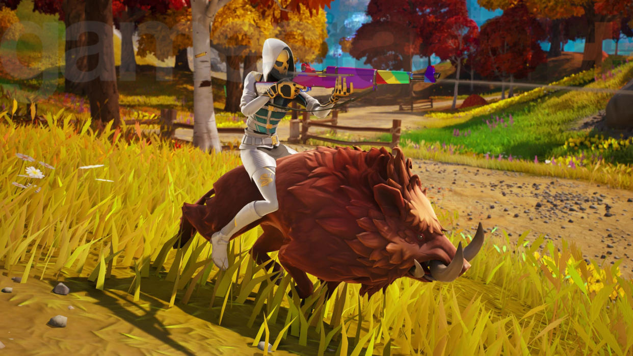  Riding on a boar to eliminate an opponent while mounted in Fortnite 