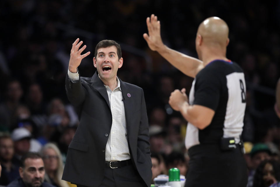 Boston Celtics head coach Brad Stevens argues a call during the first half of an NBA basketball game against the Los Angeles Lakers Sunday, Feb. 23, 2020, in Los Angeles. (AP Photo/Marcio Jose Sanchez)