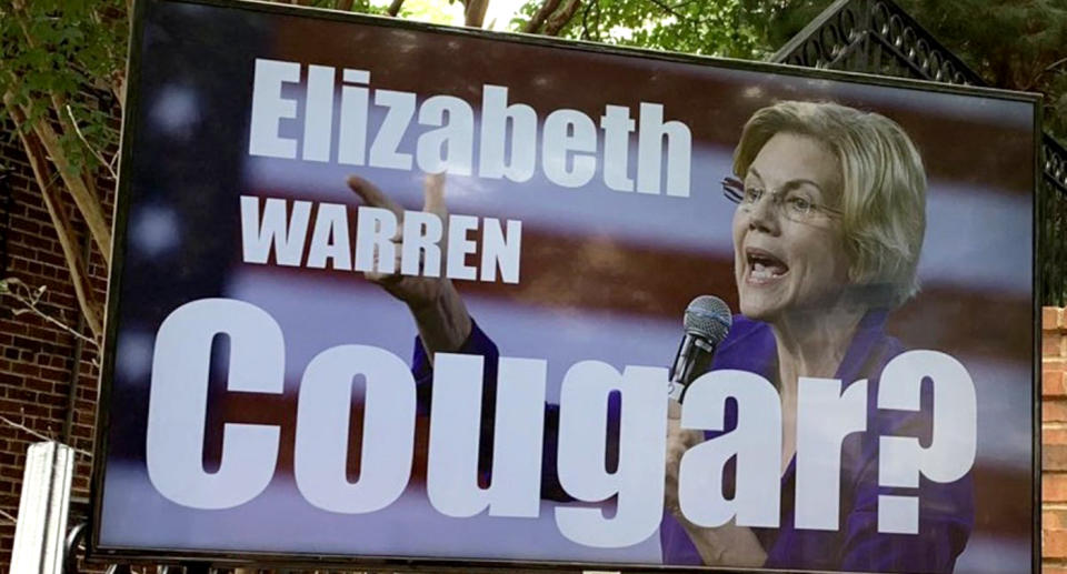 A sign questioning if Sen. Elizabeth Warren is a cougar in Arlington, Va.(Photo: Alexander Nazaryan/Yahoo News)