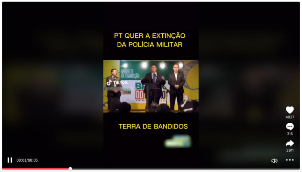 Captura de tela de v&#xed;deo que circula nas redes como se Fl&#xe1;vio Dino tivesse afirmado que Lula pretende acabar com a Pol&#xed;cia Militar (Foto: Reprodu&#xe7;&#xe3;o / Twitter)

