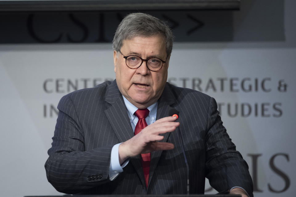 Attorney General Bill Barr gives the keynote address to the CSIS China Initiative Conference in Washington, Thursday, Feb. 6, 2020. (Cliff Owen/AP)