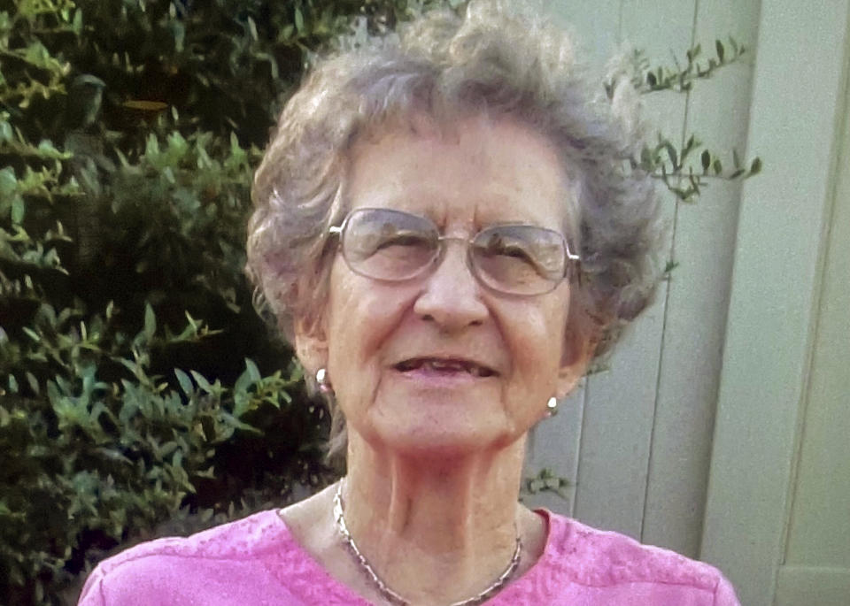 In this undated photo provided by Aubrey Ivie, Gwendolyn Dean Schofield, a retired teacher from Farmington, N.M., poses for a photo. Schofield, 97, was one of the people killed when a gunman opened fire on a busy street in Farmington on May 15, 2023. (Aubrey Ivie via AP)