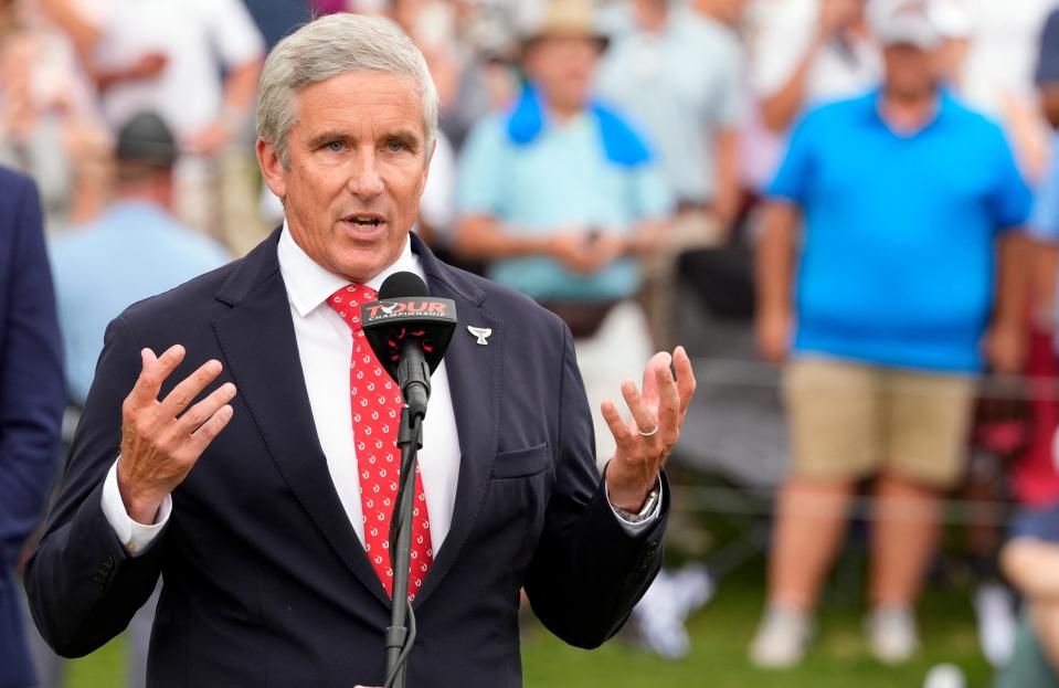 PGA Tour Commissioner Jay Monahan addresses the gallery gathered on the 18th green after the final round of the 2024 Tour Championship. (John David Mercer-USA TODAY Sports)