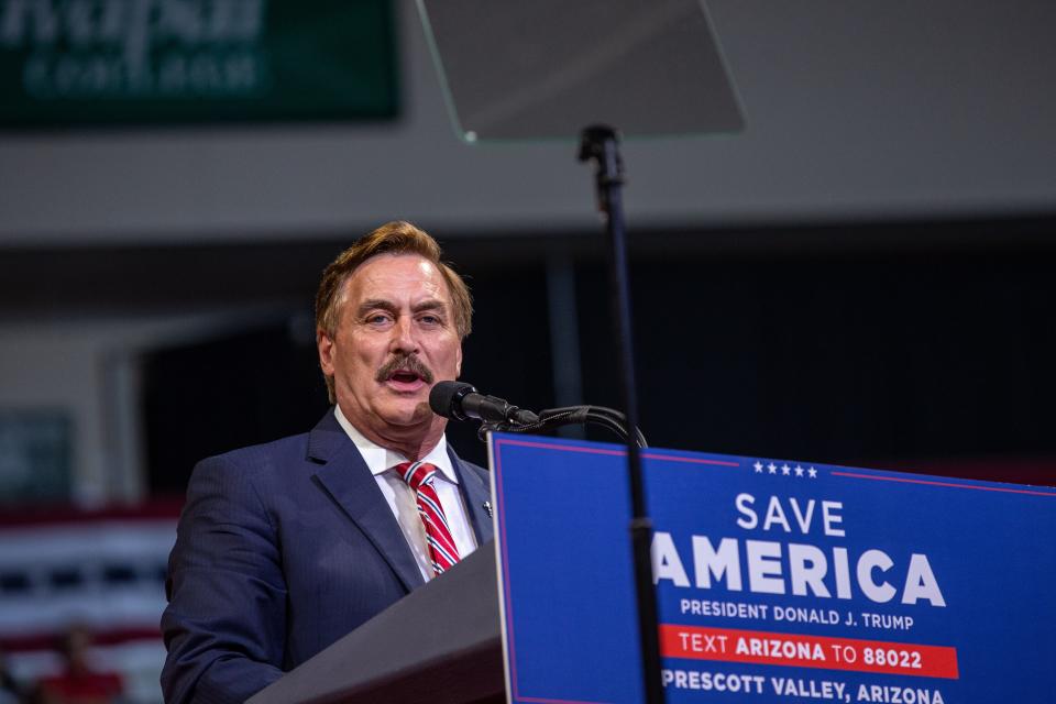 MyPillow CEO Mike Lindell speaks at a political rally headlined by former President Trump at the Findlay Toyota Center in Prescott Valley, Ariz., on July 22, 2022. Trump returns to Arizona to boost support for his endorsed candidates in the August primaries.