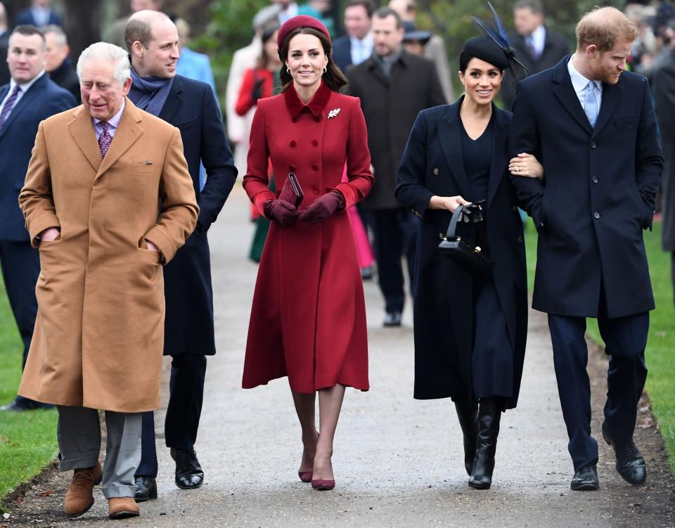 Prince Charles with the Duke and Duchess of Cambridge and the Duke and Duchess of Sussex at the traditional Christmas Day service in Sandringham in 2018 (AFP via Getty Images)