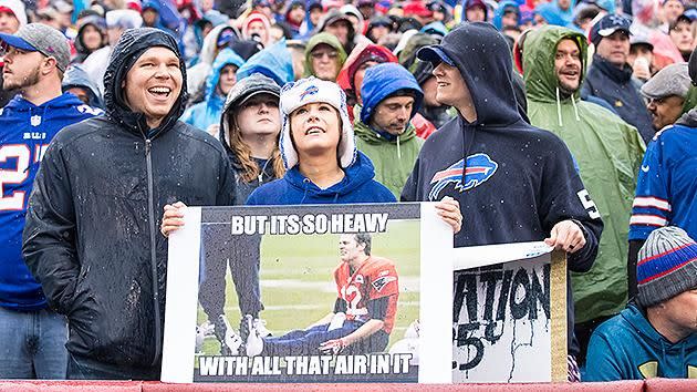 Buffalo Bills fans razzed Tom Brady, but even with a dildo thrown his way, the New England Patriots got the last laugh. Pic: Getty