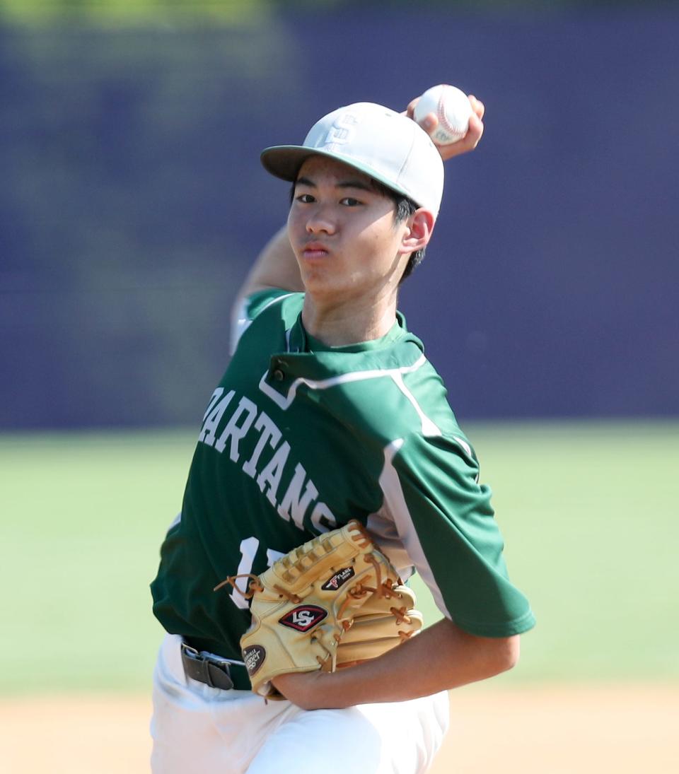 Spackenkill's Linus Oudom readies to deliver a pitch against Albertus Magnus during a Class B baseball subregional on June 1, 2023.