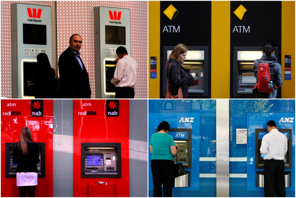 FILE PHOTO - A combination of photographs shows people using automated teller machines (ATMs) at Australia's "Big Four" banks - Australia and New Zealand Banking Group Ltd (bottom R), Commonwealth Bank of Australia (top R), National Australia Bank Ltd (bottom L) and Westpac Banking Corp (top L).    REUTERS/Staff/File photo