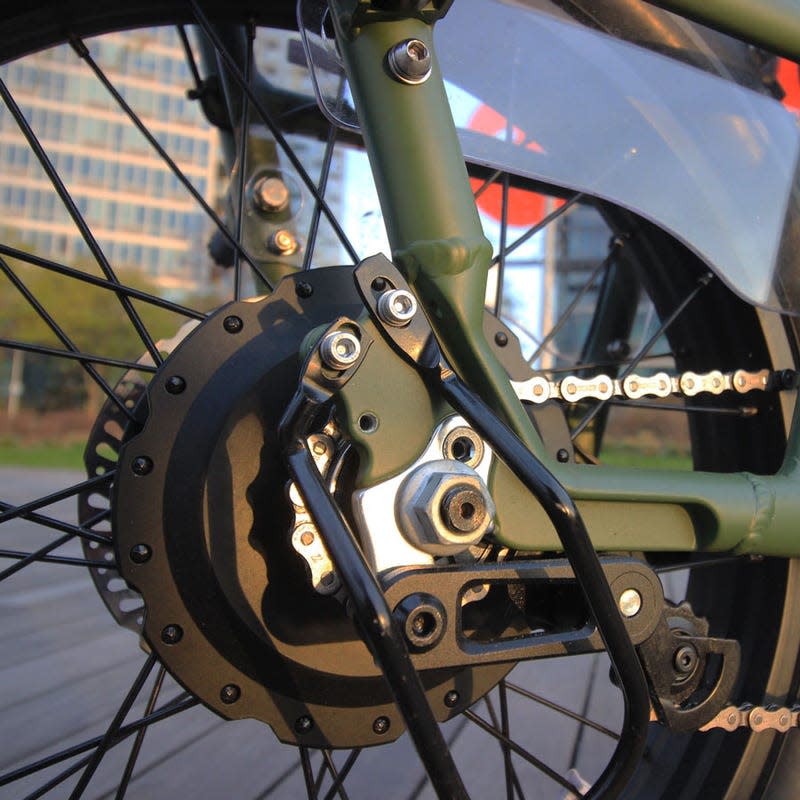 A photo of the hub motor on the rear wheel of the RadRunner 2 electric bike. 